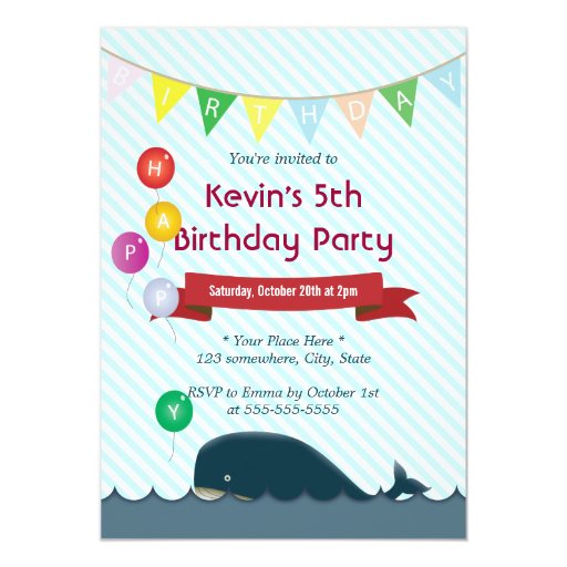 Colorful Balloons & Whale Birthday Invitations 5" X 7" Invitation Card (front side)