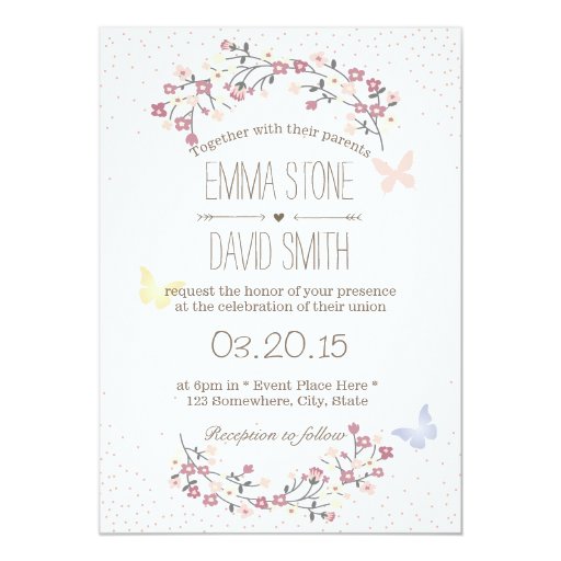 Simple Butterfly & Flowers Spring Wedding 5x7 Paper Invitation Card