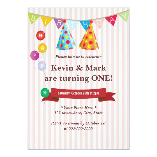 Cute Pink Twin Boys Birthday Party Invitations 5" X 7" Invitation Card