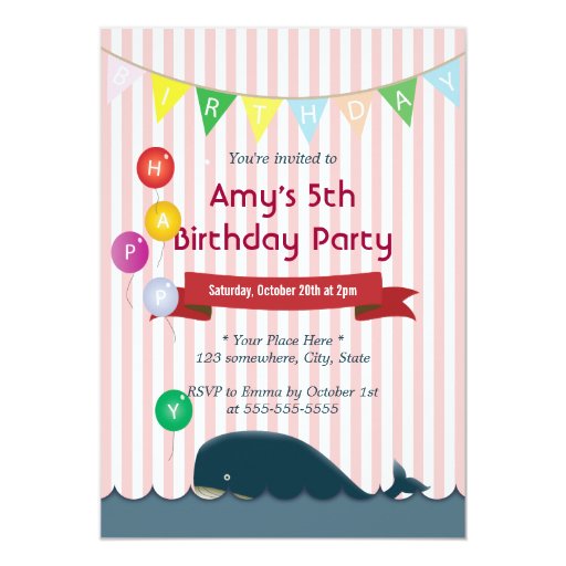 Cute Whale Pink Stripes Birthday Invitations 5" X 7" Invitation Card (front side)