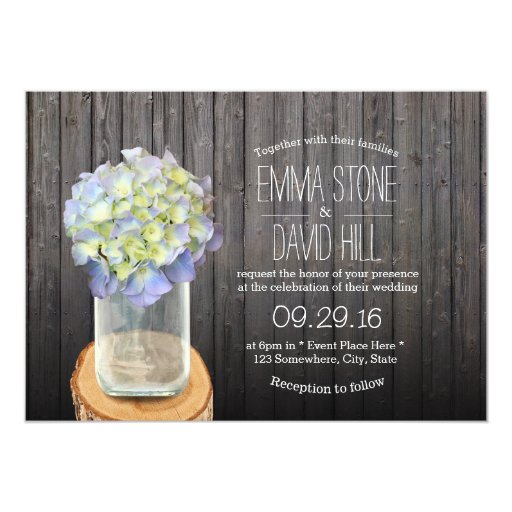 Rustic Mason Jar & Hydrangea Barn Wood Wedding 5x7 Paper Invitation Card (front side)