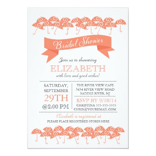 Modern Coral Umbrella Bridal Shower 5x7 Paper Invitation Card
