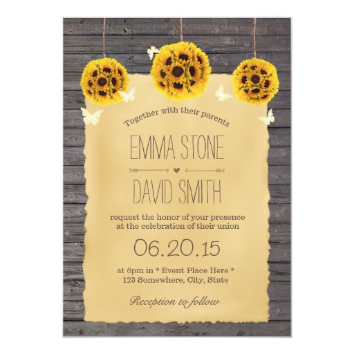 Rustic Sunflower & Butterfly Barn Wood Wedding 5x7 Paper Invitation Card