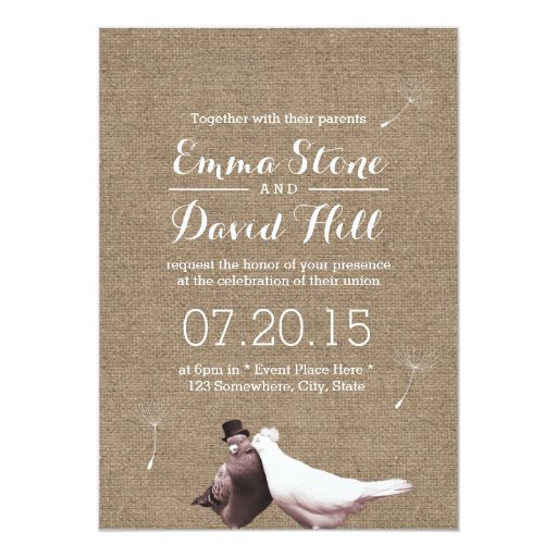 Rustic Love Birds Burlap Wedding Invitations 5" X 7" Invitation Card (front side)