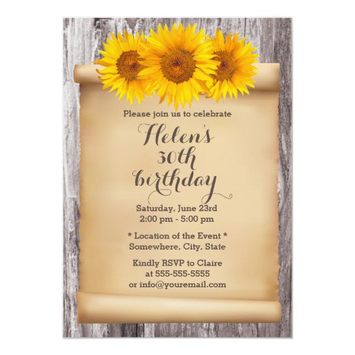 Vintage Sunflowers Old Scroll Wood Birthday Party 5x7 Paper Invitation Card