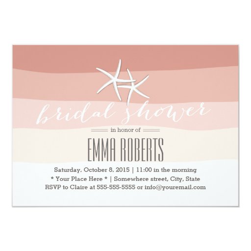 Stylish Coral Stripes Starfish Bridal Shower 5x7 Paper Invitation Card (front side)