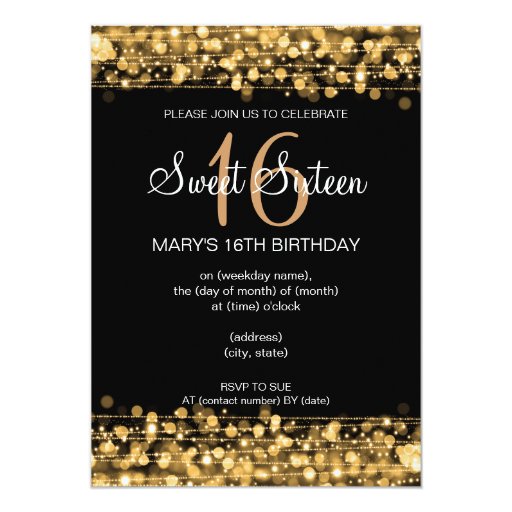 Sweet Sixteen Party Sparkles Gold 5x7 Paper Invitation Card (front side)