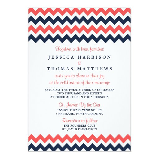 The Modern Chevron Wedding Collection Navy & Coral 5x7 Paper Invitation Card (front side)