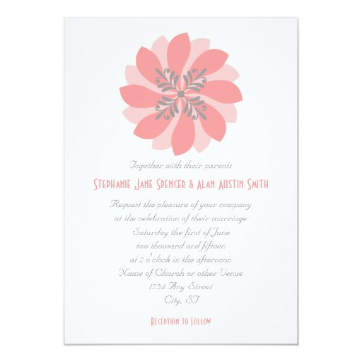 Modern Floral Coral Wedding Invitation 5" X 7" Invitation Card (front side)