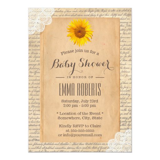 Vintage Sunflower Old Script Paper Baby Shower 5x7 Paper Invitation Card
