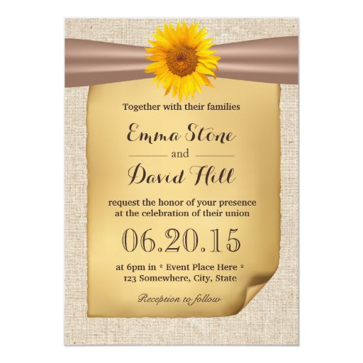 Classy Ribbon & Burlap Country Sunflower Wedding 5x7 Paper Invitation Card