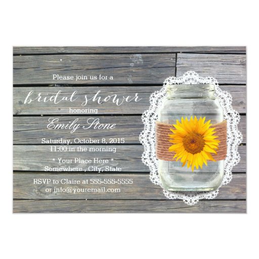 Rustic Barn Wood Sunflower Mason Jar Bridal Shower 5x7 Paper Invitation Card
