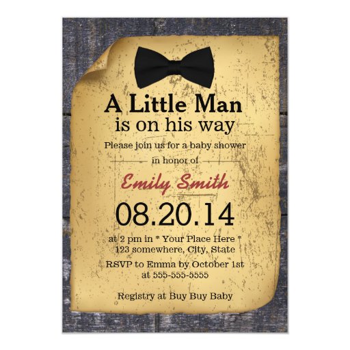 Vintage Bow Tie Little Man Wood Baby Shower 5x7 Paper Invitation Card