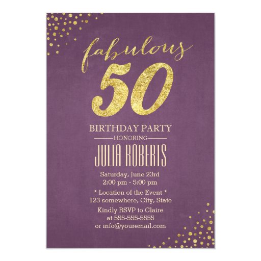 Chic Gold Dots Purple Fabulous 50 Birthday 5x7 Paper Invitation Card (front side)