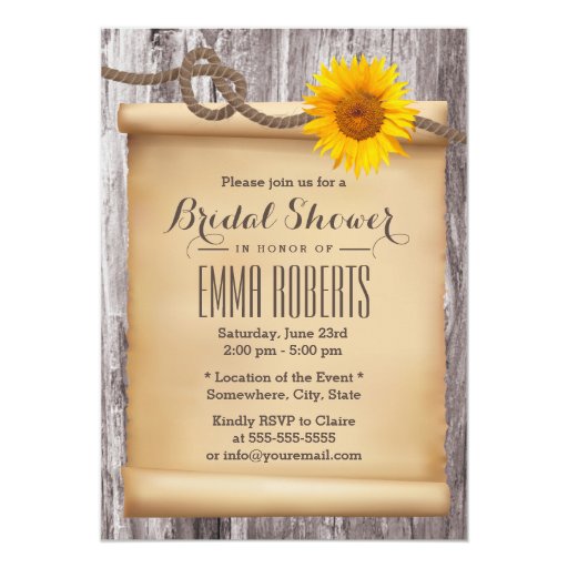 Country Twine Knot & Sunflower Wood Bridal Shower 5x7 Paper Invitation Card