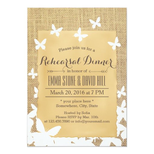 Rustic Flying Butterflies Burlap Rehearsal Dinner 5x7 Paper Invitation Card (front side)