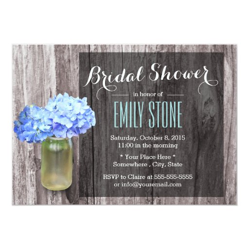 Rustic Blue Hydrangea Mason Jar Wood Bridal Shower 5x7 Paper Invitation Card (front side)