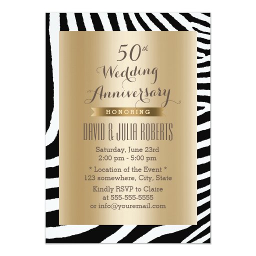 Modern Zebra Stripes Gold 50th Wedding Anniversary 5x7 Paper Invitation Card (front side)