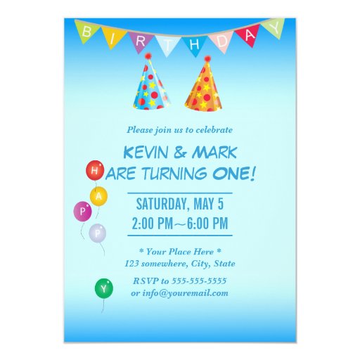 Classy Blue Twin Boys Birthday Party Invitations 5" X 7" Invitation Card