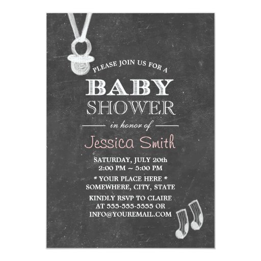 Cute Baby Pacifier & Socks Chalkboard Baby Shower 5x7 Paper Invitation Card