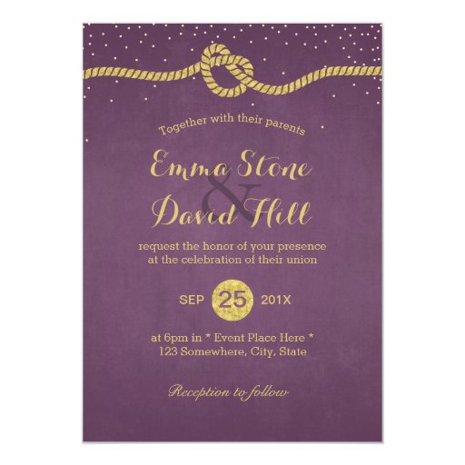 Stylish Purple & Gold Tying the Knot Wedding 5x7 Paper Invitation Card