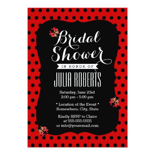 Cute Black & Red Dots Ladybugs Bridal Shower 5x7 Paper Invitation Card (front side)