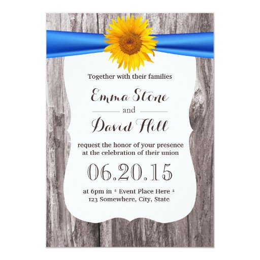 Rustic Sunflower Blue Ribbon Wood Wedding 5x7 Paper Invitation Card (front side)