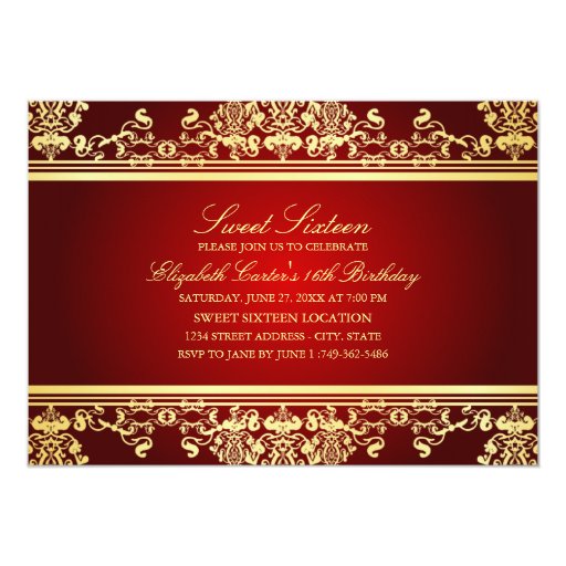 Sweet 16 | Elegant Red & Gold Damask Invitation 5" X 7" Invitation Card (front side)