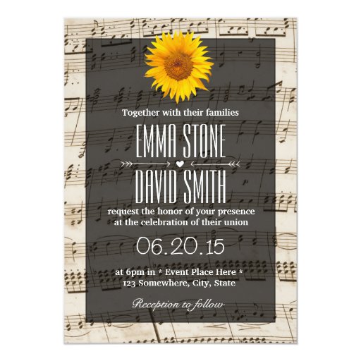 Vintage Music Sheet Sunflower Wedding 5x7 Paper Invitation Card