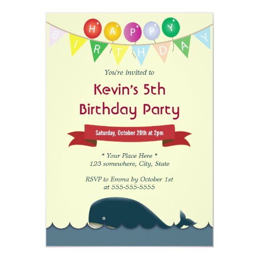 Happy Cute Blue Whale Birthday Invitations 5" X 7" Invitation Card