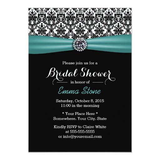 Teal Ribbon & Damask Diamond Bridal Shower 5x7 Paper Invitation Card