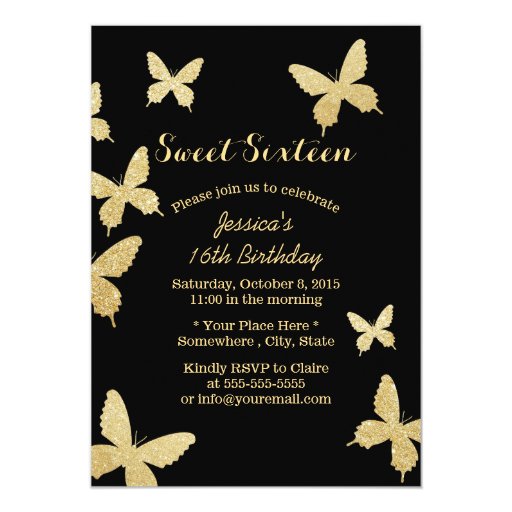 Chic Gold Butterflies Sweet 16 Invitations 5" X 7" Invitation Card (front side)