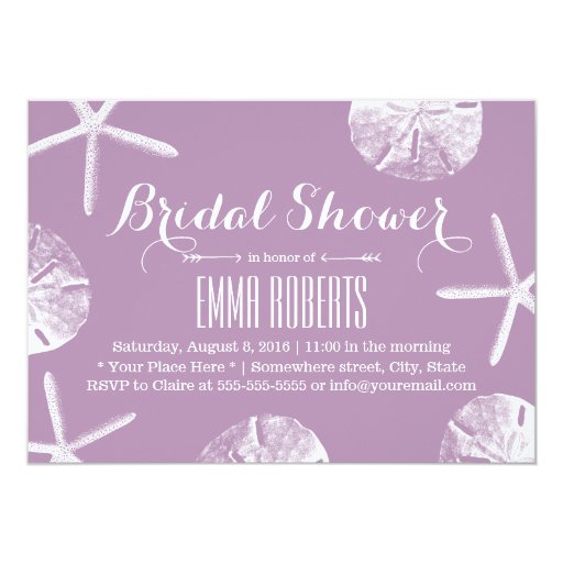 Classy Violet Starfish & Sand Dollar Bridal Shower 5x7 Paper Invitation Card