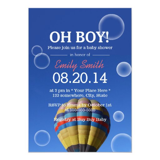 Hot Air Balloon & Bubbles Baby Shower Invitations 5" X 7" Invitation Card (front side)