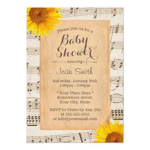 Vintage Sunflower & Old Music Sheet Baby Shower 5x7 Paper Invitation Card (front side)