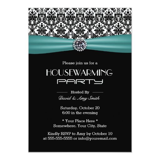Stylish Teal Ribbon & Damask Housewarming Party 5x7 Paper Invitation Card (front side)