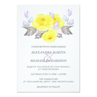 Pretty Watercolor Gray Yellow Purple Roses Wedding Card