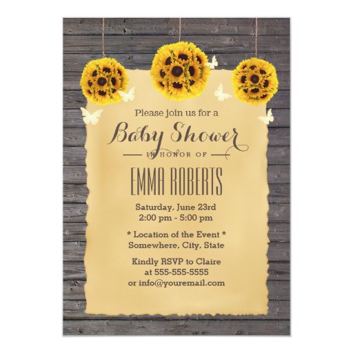 Rustic Sunflower & Butterfly Barn Wood Baby Shower 5x7 Paper Invitation Card