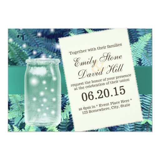 Elegant Fireflies & Mason Jar Teal Green Wedding 5x7 Paper Invitation Card (front side)