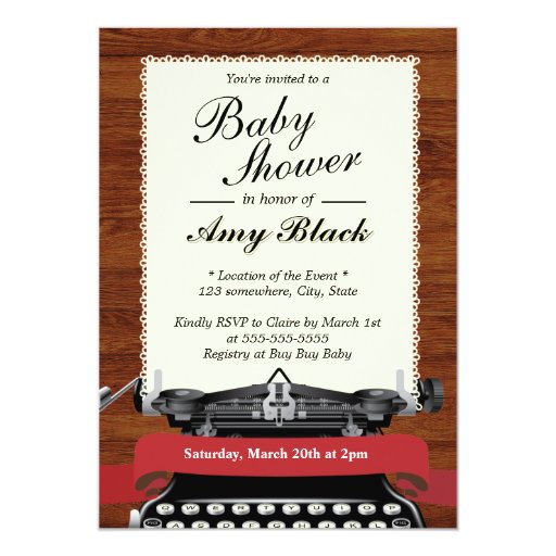 Classy Typewriter Wooden Baby Shower Invitations 5" X 7" Invitation Card