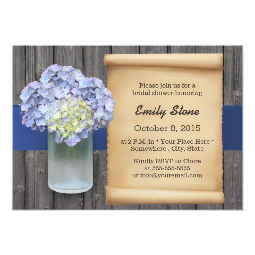 Rustic Hydrangea & Mason Jar Wood Bridal Shower 5x7 Paper Invitation Card