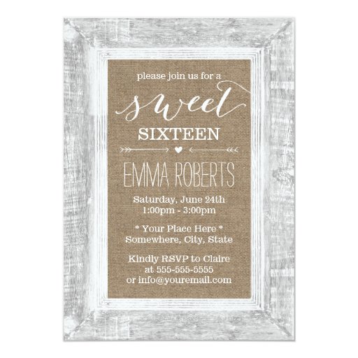 Country Rustic Wood Frame Burlap Sweet 16 Birthday 5x7 Paper Invitation Card (front side)