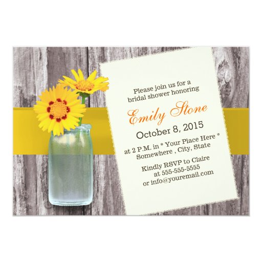Classy Yellow Daisy & Mason Jar Wood Bridal Shower 5x7 Paper Invitation Card (front side)