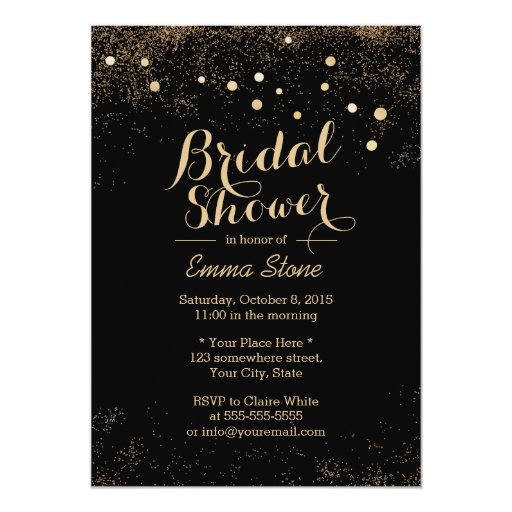 Chic Gold Confetti Dots Black Bridal Shower 5x7 Paper Invitation Card
