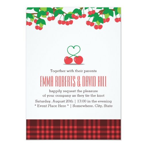 Simple Cherry Heart Gingham Wedding Invitations 5" X 7" Invitation Card