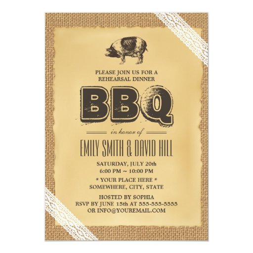 Vintage Burlap & Lace BBQ Rehearsal Dinner 5x7 Paper Invitation Card (front side)