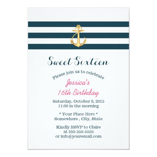 Gold Anchor Nautical Stripes Sweet 16 5x7 Paper Invitation Card (front side)