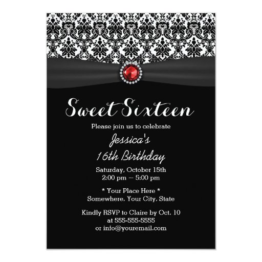 Classic Black & White Damask Ruby Gems Sweet 16 5x7 Paper Invitation Card (front side)