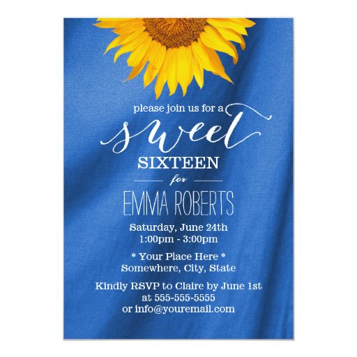 Country Sunflower Blue Fabric Sweet 16 5x7 Paper Invitation Card (front side)