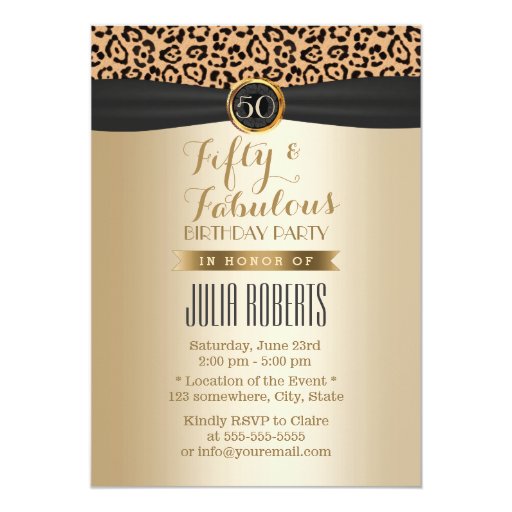 Luxury Leopard Print Black Ribbon Gold Fabulous 50 5x7 Paper Invitation Card